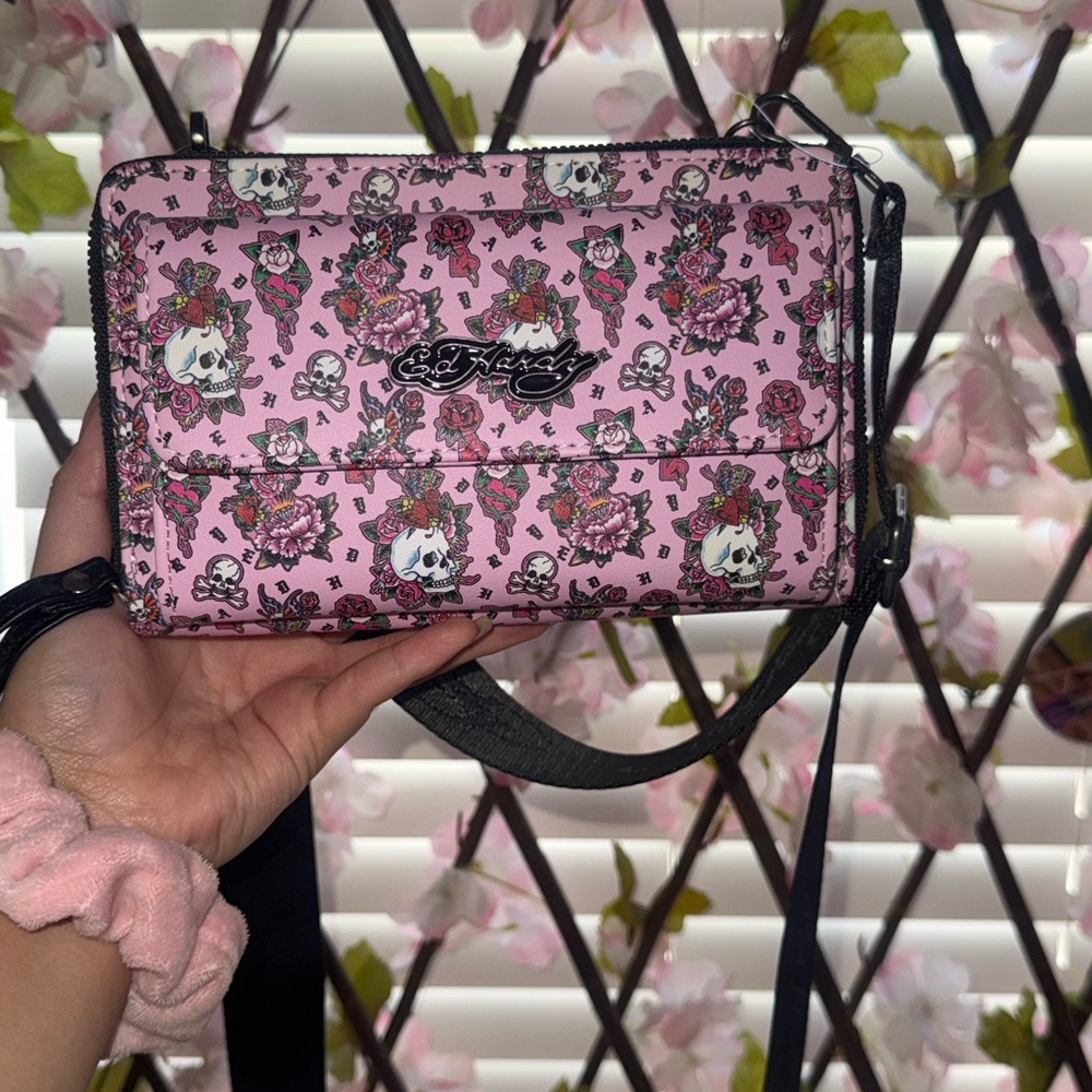 Ed Hardy Pink Floral Skull Crossbody Bag